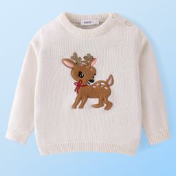 Babyoye 100% Cotton Knit Full Sleeves Pullover Sweater with Reindeer Embroidery Detailing - White-image-99