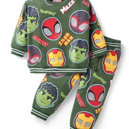 Babyhug Marvel Terry Knit Full Sleeves T-Shirt & Lounge Pant Set With Spidey & Friends Graphics - Green-picture-27