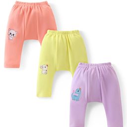Babyhug Cotton Knit Full Length Anti Microbial Diaper Leggings with Kitty Bunny & Dino Print Pack of 3 - Yellow Purple & Pink-image-84