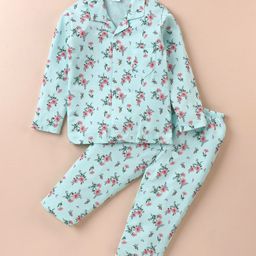 Ben Benny 100% Cotton Knit Full Sleeves Collared & Floral Printed Night Suit - Aqua-image-77