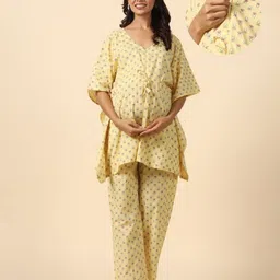 Ikk Kudi by Seerat Cotton Woven Three Fourth Batwing Sleeves Abstract Motif Printed Kaftan Top With Zipper Nursing Access & Pant Set - Light Yellow-picture-32