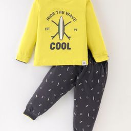 Ollypop Sinker Knit Full Sleeves T-Shirt & Lounge Pants Set With Text Print - Yellow-image-32