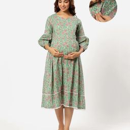 Ikk Kudi by Seerat Cotton Woven Three Fourth Sleeves Floral  Printed Dress With Concealed Zipper Nursing Access - Green-image-48