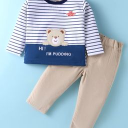 ToffyHouse Interlock Knit Full Sleeves Striped T-Shirt & Lounge Pant Set With Teddy Bear Print - White-picture-17