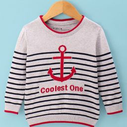 ToffyHouse 100% Cotton Flat Knit Full Sleeves Striped T-Shirt with Anchor & Text Print - Light Grey-image-78