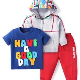 Babyhug Terry Knit Full Sleeves Hooded Sweatjacket T-Shirt & Lounge Pant Set with Text Print - Red Grey & Navy Blue-image-38