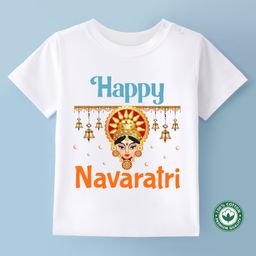 BLUSHES Navaratri Theme 100% Cotton Half Sleeves Happy Navaratri Text Printed Tee - White-picture-17