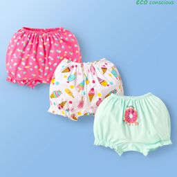 Babyoye Cotton Elastane knit Bloomers With Heart & Ice Cream Print Pack Of 3 - Pink White & Light Green-image-74