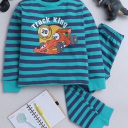 BABY NATION Cotton Knit Full Sleeves Striped & Racing Car Printed Night Suit Set - Green-image-101