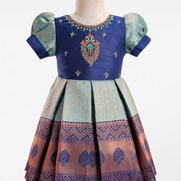 Enfance Cotton Silk Half Puffed Sleeves Banarasi Printed Pattu Pavdai Dress - Navy Blue-picture-38