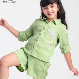 Arias 100% Cotton Woven Full Sleeves Shirt & Shorts Set With Floral Embroidery - Light Green-image-68