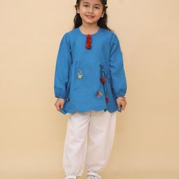 Little Ginnie Cotton Full Sleeves Floral Embroidered Kurta Salwar Set - Blue-picture-17
