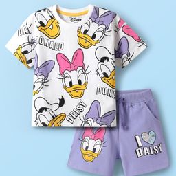 Babyhug Disney Single Jersey Knit Half Sleeves Oversize Drop Shoulder Half Sleeves T-Shirt & Shorts With Daisy Duck Graphic - Purple-image-28