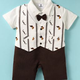 Mini Taurus Knit Half Sleeves Striped Collar Neck Romper With Attached Bow Applique- Dark Brown & White-image-80