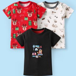 Kidi Wav Cotton Pack Of 3 Half Sleeves Reindeer & Vehicles Printed Tees - Multi Colour-image-46