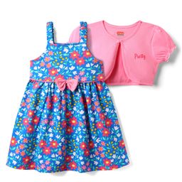 Babyhug Single Jersey Frock & Half Sleeves Shrug With Floral Print & Bow Applique - Blue & Pink-image-83