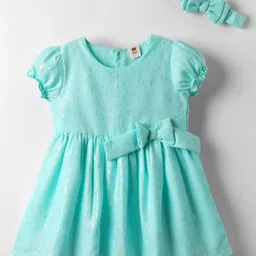 ToffyHouse Woven Half Sleeves Party Dress With Bow Applique & Headband - Sea Green-picture-37