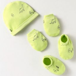 Kookie Kids Interlock Knit Cap Mittens & Booties With Dino Print - Green-image-6