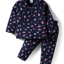 Smarty Girls 100% Cotton Knit Full Sleeves Co-Ord Night Suit With Fruits Print - Blue-picture-29