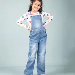 tweeny mini Denim Woven Mild Washed & Distressed Dungaree With Full Sleeves Polka Dots Printed Tee - Blue-picture-17