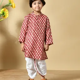 MoMaa Cotton Woven Full Sleeves Abstract Motif Printed Kurta Dhoti Set - Maroon-picture-4