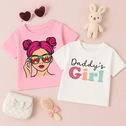 Luke and Lilly Cotton Knit Pack Of 2 Half Sleeves Cute Girl & Daddys Girl Text Printed Tees - White & Pink-picture-6