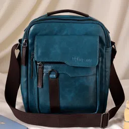 VISMIINTREND Men Sling Bag Vegan Leather Stylish Crossbody Shoulder Messenger Bag for Office, Travelling, Business, Regular Use Solid Teal Blue-picture-2