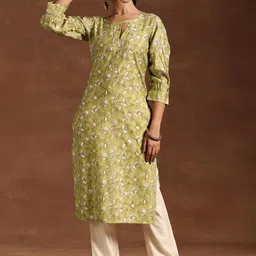 Libas Floral Printed Keyhole Neck Puff Sleeves Straight Kurta-image-76