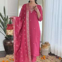 Happy Design Floral Embroidered Notch Neck Thread Work Kurta With Trousers & Dupatta-image-35