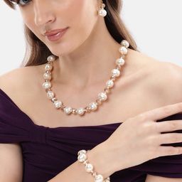 DressBerry Women Combo Of Pearls Kundan Long Necklace Mala Bracelet Jewelry Set-picture-46