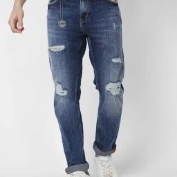 Spykar Mid Blue Cotton Comfort Fit Distressed Jeans-image-30
