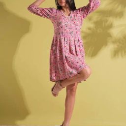 Globus Women Pink V-Neck Puff Sleeves Paisley Print Lace Insert Pleated A-Line Fusion Dress-1