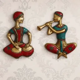 eCraftIndia Set of 2 Jugalbandi Musicians Brass Wall Hanging with Colorful Stone Work-image-29