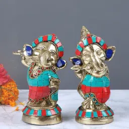 Aapno Rajasthan Golden Brass Lord Ganesh with a Flute Set - Set of 2-image-26