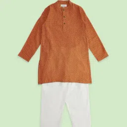 Indus Route by Pantaloons Kids Red & White Cotton Textured Pattern Full Sleeves Kurta Set-image-10