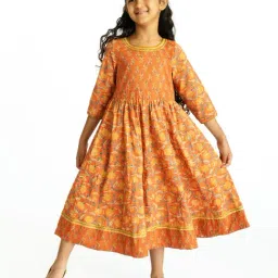Campana Girls Gul Dress - Floral Print - Mustard and Gold-image-40