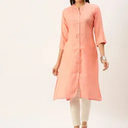 SHOWOFF Peach Cotton Calf Length Straight Kurta-image-5