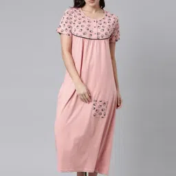 Kryptic Dusty Pink Printed Pure Cotton Maxi Night Dress-image-79