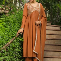 Janasya Floral Embroidered V-Neck Georgette A-Line Kurta with Palazzo & Dupatta-38