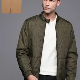 Allen Solly Men Olive Green & Beige Solid Reversible Bomber Jacket-picture-0