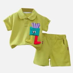 Little Surprise Box Unisex Green Patch Work Shorts Set-image-20