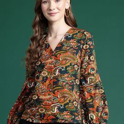 DressBerry Print Puff Sleeve Ethnic Crepe Shirt Style Top-image-85