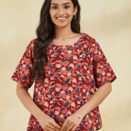 Fabindia Red & Blue Cotton Kalamkari Printed Top-image-77