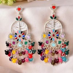 VOJ Gold Adjustable Multi Colour Beaded Long Drop Earrings-43