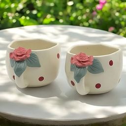 Kraftlik Handicraft Off White & Green Handcrafted and Hand Painted Textured Ceramic Glossy Mugs Set of Cups and Mugs-5
