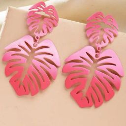 Karatcart Pink Monstera Leaf Design Dangler Earrings For Women-44