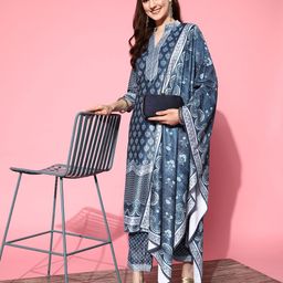 Libas Blue & White Ethnic Motifs Print Velvet Kurta with Palazzos & Dupatta-picture-44