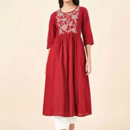 Rangmanch by Pantaloons Red Cotton Embroidered A Line Kurta-image-27