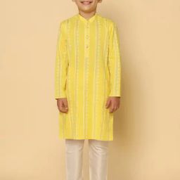 KISAH Boys Yellow & White Printed Full Sleeves Kurta with Pyjamas-image-71