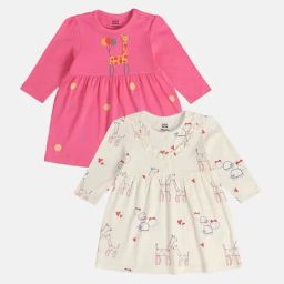 MINIKLUB Girls Pink & White Printed Full Sleeves Dress (Pack Of 2)-image-100
